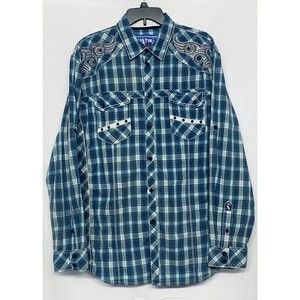 Austin Season Men's Embroidered Blue Plaid Long Sleeve Button Up Western Shirt L